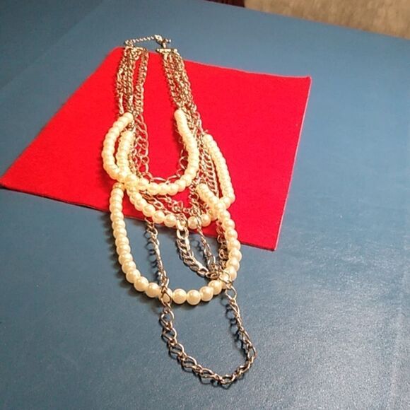 Statement Bib Silver Tone Metal w/ Faux Pearl Necklace Cottagecore Grandmacore - Picture 2 of 4